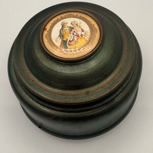 Vintage AluminumMusical Powder/Trinket Box with Painted Victorian Medallion